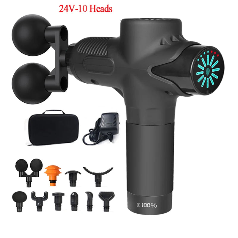 Pistolet de Massage professionnel électrique 24V, 12 têtes, Percussion haute fréquence, Fascia, tissus profonds, muscles du cou, relaxation du corps, Fitness