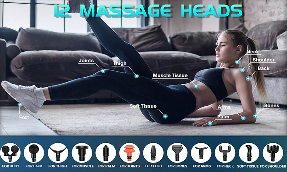 Pistolet de Massage professionnel électrique 24V, 12 têtes, Percussion haute fréquence, Fascia, tissus profonds, muscles du cou, relaxation du corps, Fitness