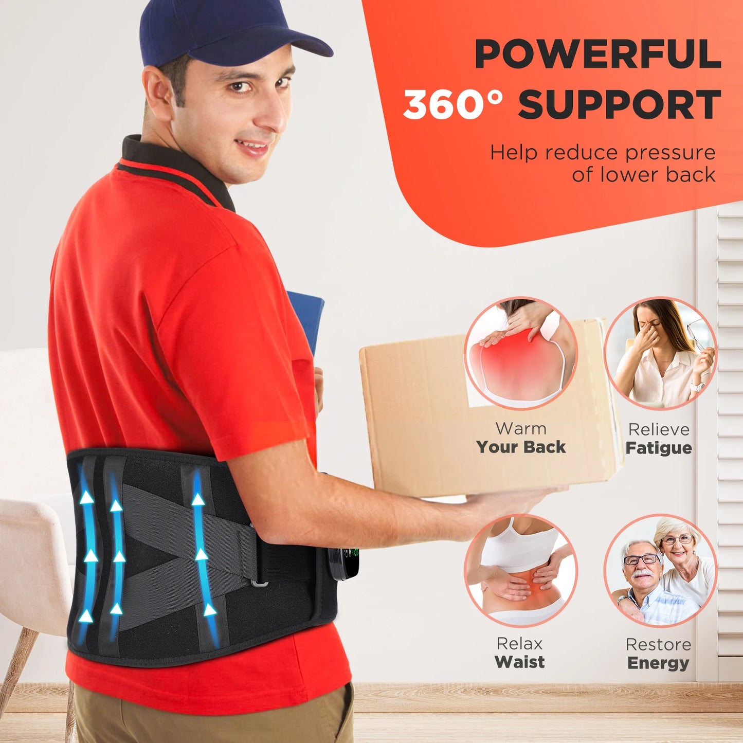 Ohio eur de taille chauffant électrique, nouvelle mise à niveau, ceinture de soutien, vibration, compression chaude, ceinture de renfort, relaxation dorsale, réglage à 3 vitesses